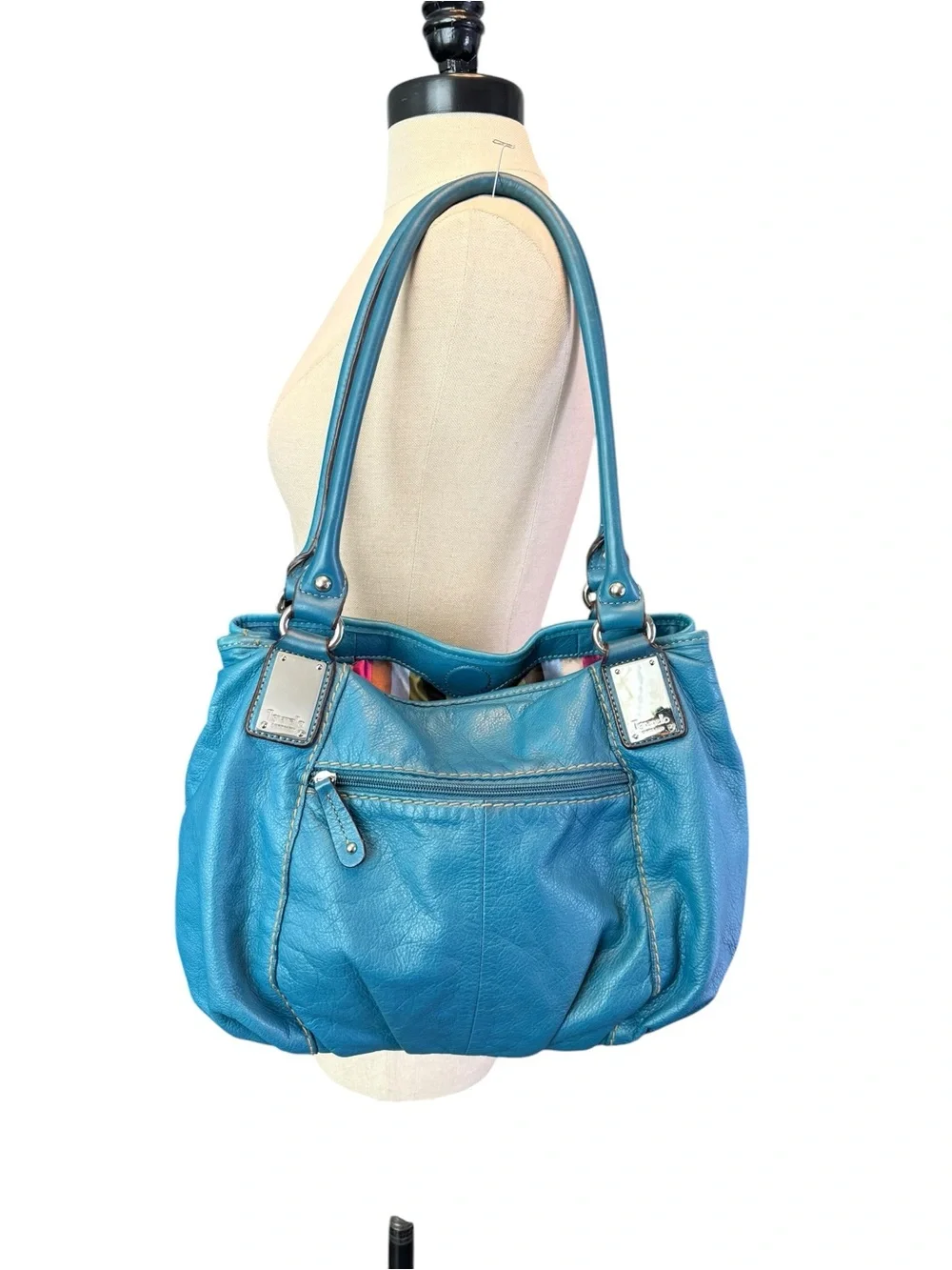 Tignanello Teal Blue Leather Shoulder Bag Silver Hardware Large Hobo Purse